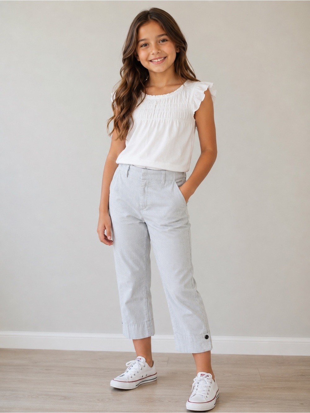 Zara Kids Light Gray Blue Striped Girls Pants 9-10/140